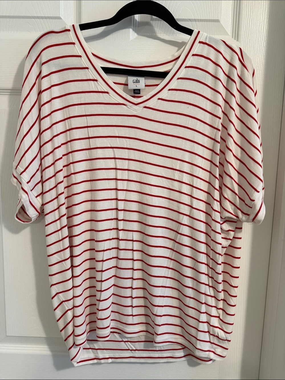 CAbi White and Red Striped V-Neck Short Sleeve Top
